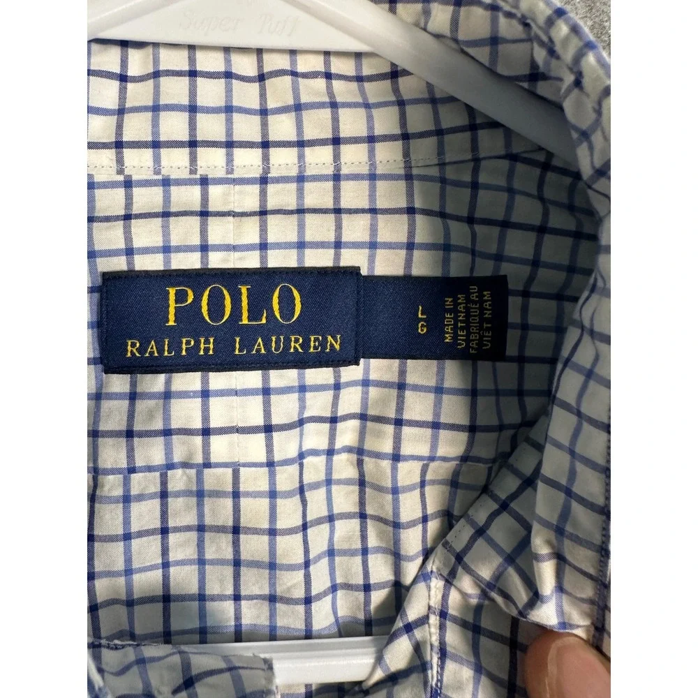 Polo Ralph Lauren Mens Large Blue White Grid Check Button Down Shirt Long Sleeve
